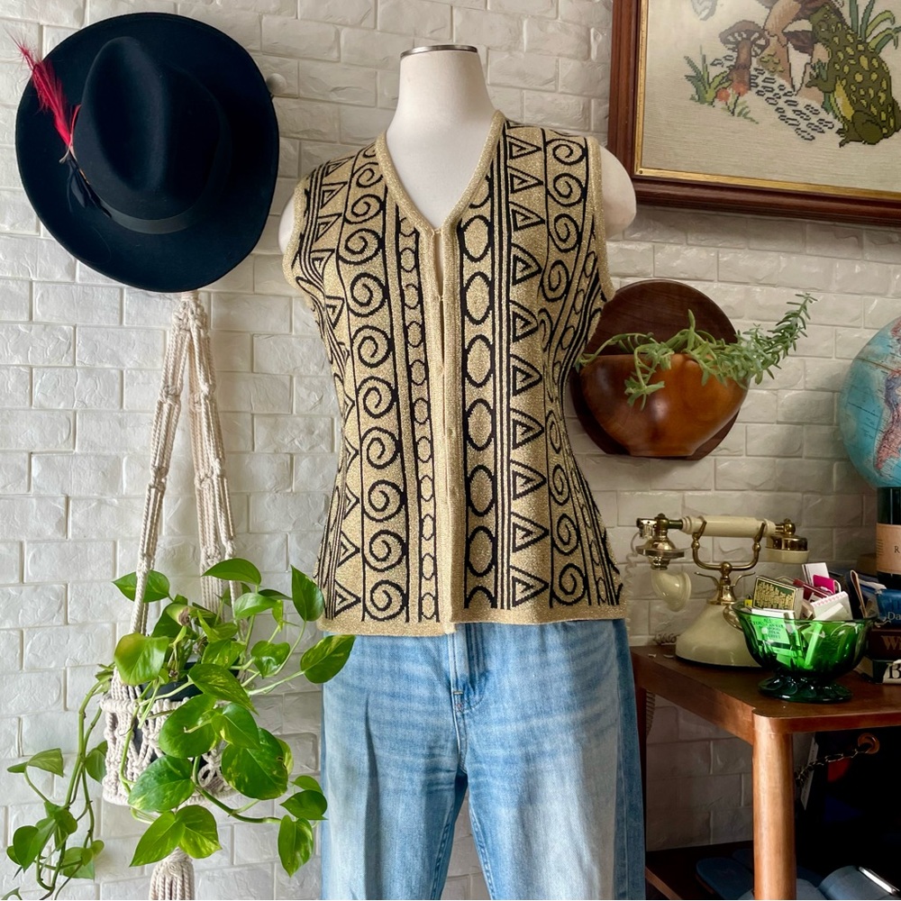 Vintage 70s Lilly Pulitzer of California Gold + Black Metallic Glitter Knit Vest